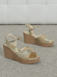 Women Buckle Decor Sandals, Glamorous Summer Glitter Ankle Strap Wedge Sandals - Gold - View 4