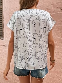 SHEIN VCAY 抽象人物圖案蝙蝠袖襯衫 - 白色 - 查看 4