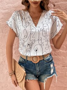 SHEIN VCAY 抽象人物圖案蝙蝠袖襯衫 - 白色 - 查看 2