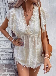 SHEIN VCAY Swiss Dot Frill Trim Ruffle Hem Peplum Blouse - Apricot - View 2