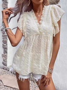 SHEIN VCAY Swiss Dot Frill Trim Ruffle Hem Peplum Blouse - Apricot - View 5