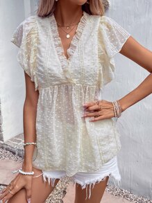 SHEIN VCAY Swiss Dot Frill Trim Ruffle Hem Peplum Blouse - Apricot - View 1