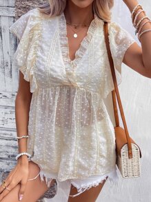 SHEIN VCAY Swiss Dot Frill Trim Ruffle Hem Peplum Blouse - Apricot - View 6