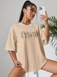 SHEIN EZwear Camiseta de hombros caídos con estampado floral - Albaricoque - Ver 3