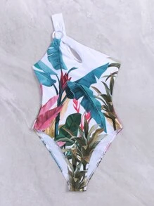 SHEIN Swim 熱帶圖案環鏈連體泳衣 - 彩色 - 查看 5