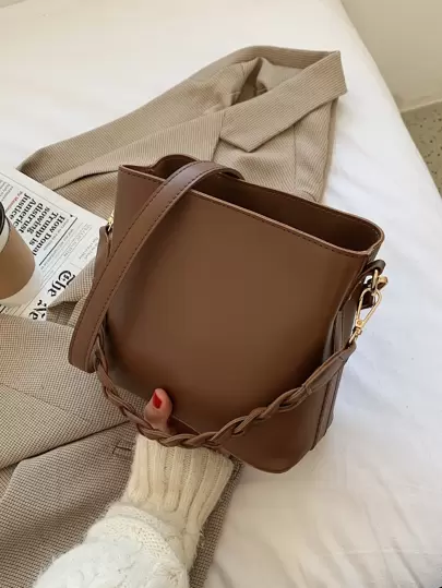 1入實色復古時尚編織拉鍊桶袋，多功能肩背/斜紋/手提包，適用於日常使用