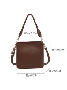 1入實色復古時尚編織拉鍊桶袋，多功能肩背/斜紋/手提包，適用於日常使用 - 棕色 - 查看 3