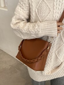 1入實色復古時尚編織拉鍊桶袋，多功能肩背/斜紋/手提包，適用於日常使用 - 棕色 - 查看 4