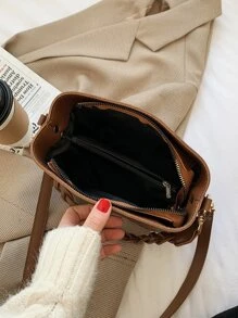 1入實色復古時尚編織拉鍊桶袋，多功能肩背/斜紋/手提包，適用於日常使用 - 棕色 - 查看 5