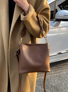 1入實色復古時尚編織拉鍊桶袋，多功能肩背/斜紋/手提包，適用於日常使用 - 棕色 - 查看 6