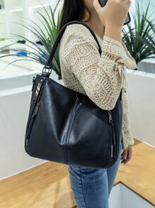 Minimalist Shoulder Tote Bag - Black - View 1
