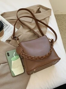 1入實色復古時尚編織拉鍊桶袋，多功能肩背/斜紋/手提包，適用於日常使用 - 棕色 - 查看 7