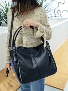 Minimalist Shoulder Tote Bag - Black - View 5