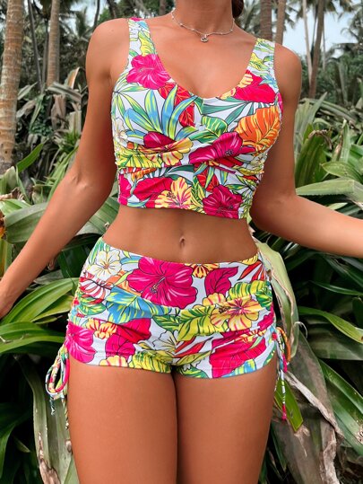 Summer Beach Tropical Print Tankini Set Wrap Tank Top & Drawstring Side Shorts 2 Piece Bathing Suit