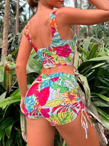 SHEIN Swim Summer Beach Tropical Print Tankini Set Wrap Tank Top & Drawstring Side Shorts 2 Piece Bathing Suit - Multicolor - View 2