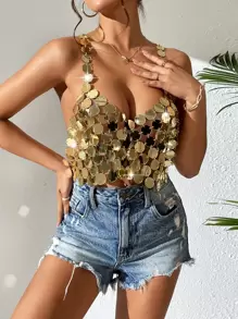 Allurite Chain Detail Backless Sequin Decor Crop Cami Top - Gold - View 3