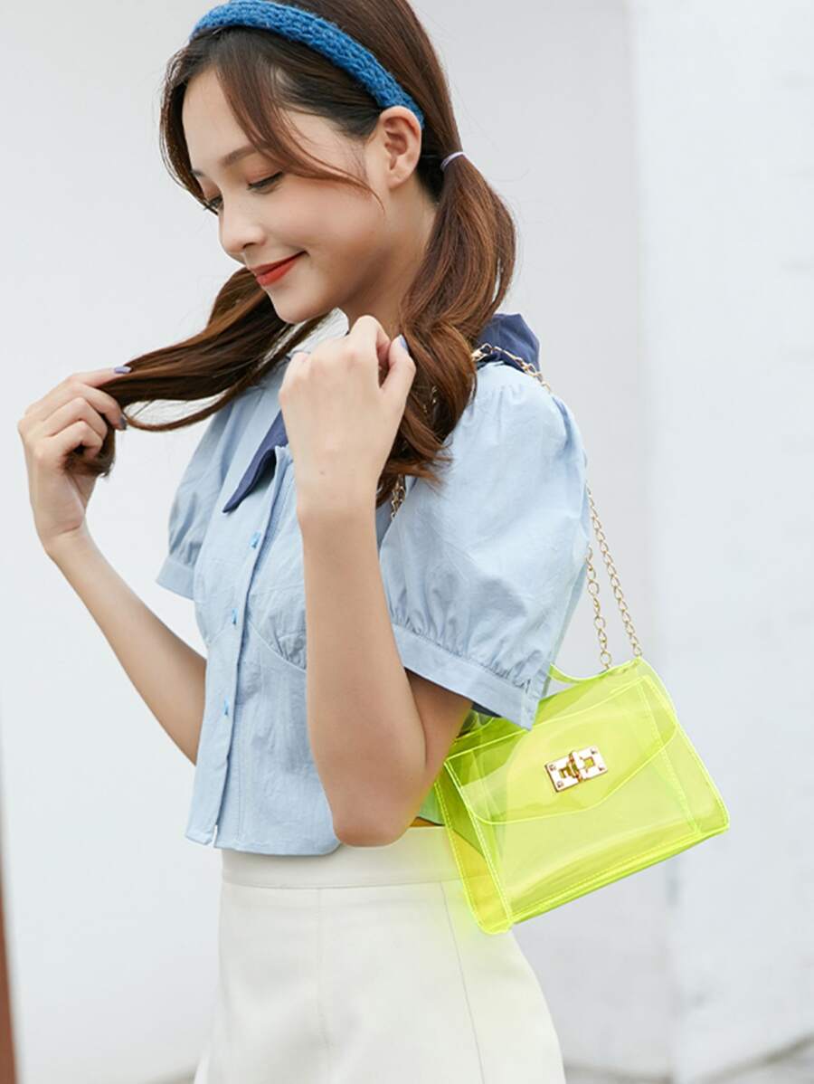 Mini Neon Green Clear Square Bag for Women - Mint Green - View 1