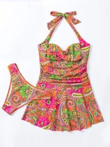 SHEIN Swim Paisley Print Halter Tankini Summer Beach - Multicolor - View 7