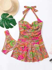 SHEIN Swim Paisley Print Halter Tankini Summer Beach - Multicolor - View 8