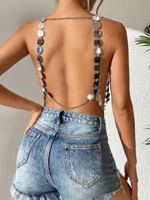 Zolique Camiseta sin espalda con lentejuelas de moda y sexy para mujer en verano - Plateado - Ver 2