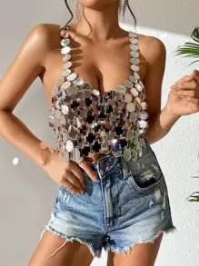 Zolique Camiseta sin espalda con lentejuelas de moda y sexy para mujer en verano - Plateado - Ver 4