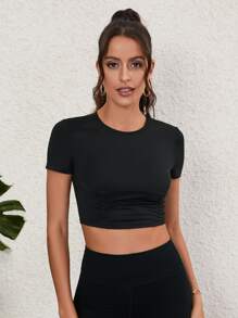 Easithlete Solid Ruched Crop Sports Tee - Black - View 5
