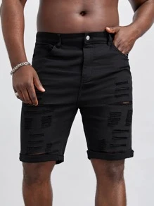 GENTILAND Hombres Shorts mezclilla bermuda algodón desgarro bajo de doblez - Negro - Ver 8