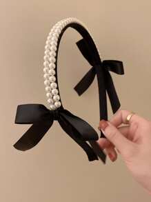 Elegant Bow & Faux Pearl Decor Headband