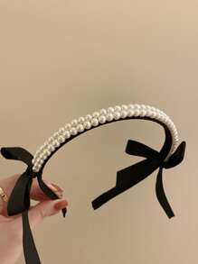 Elegant Bow & Faux Pearl Decor Headband