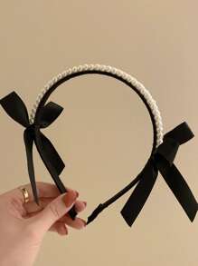Elegant Bow & Faux Pearl Decor Headband