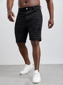 GENTILAND Hombres Shorts mezclilla bermuda algodón desgarro bajo de doblez - Negro - Ver 4