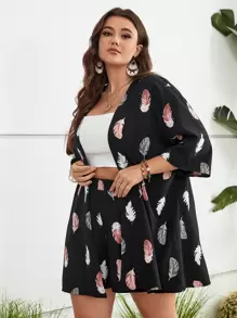Calvaya Plus Feather Print Kimono & Shorts - Black - View 1