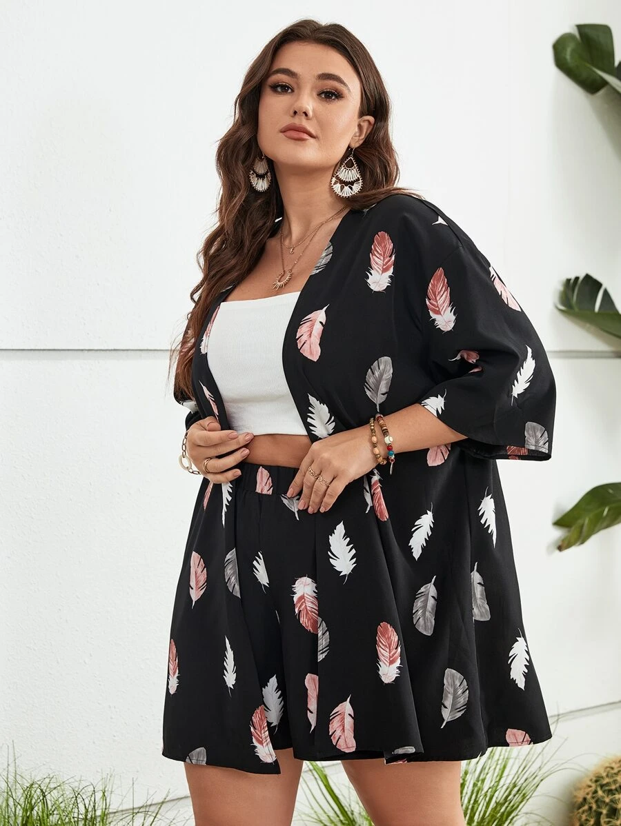 Calvaya Plus Feather Print Kimono & Shorts - Black - View 1