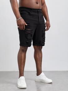 GENTILAND Hombres Shorts mezclilla bermuda algodón desgarro bajo de doblez - Negro - Ver 2