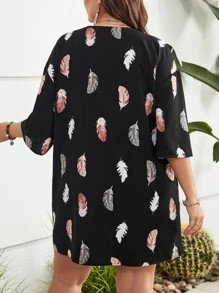 Calvaya Plus Feather Print Kimono & Shorts - Black - View 2