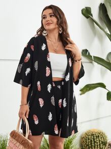 Calvaya Plus Feather Print Kimono & Shorts - Black - View 3