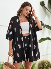 Calvaya Plus Feather Print Kimono & Shorts - Black - View 4