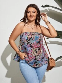 SHEIN Holidaya 大碼佩斯利印花抹胸上衣 - 彩色 - 查看 1