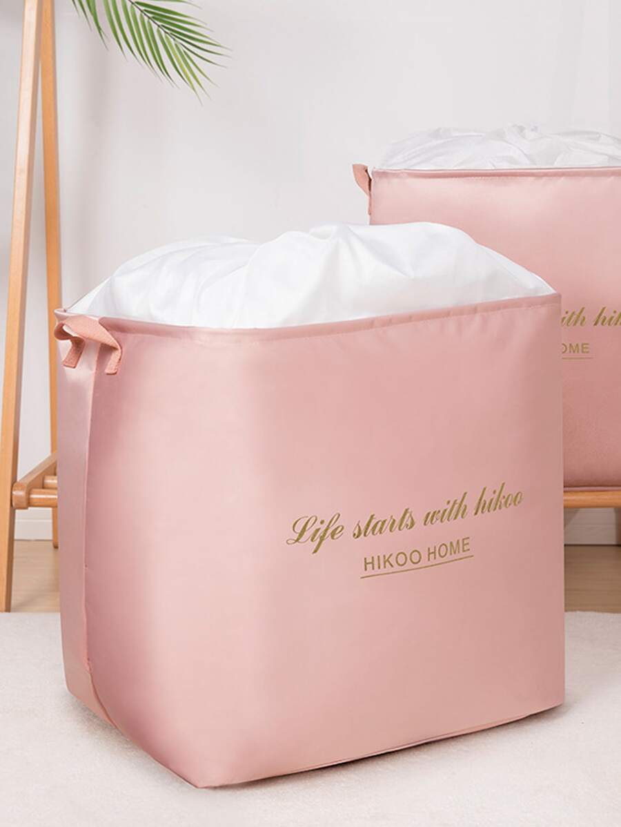 1pc Pink Slogan Graphic Clothes Storage Bag, Modern Polyamide Quilt Storage Bag For Home - Pink - View 1