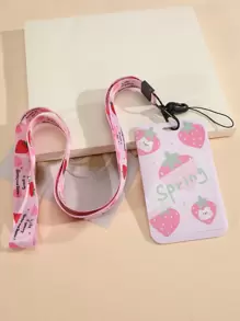 1 cái Vỏ thẻ hoa văn dâu tây có dây buộc - Hồng - Xem 1