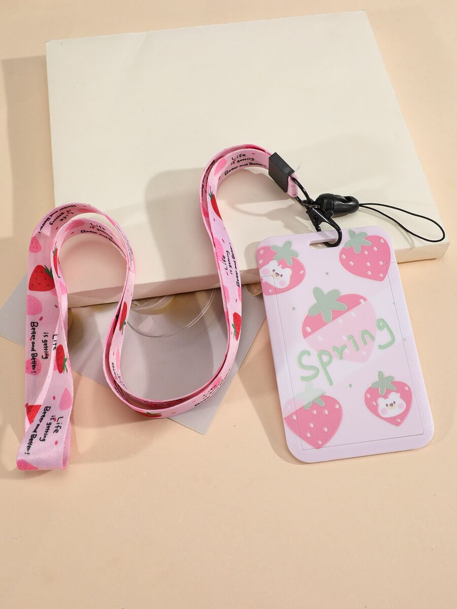 1 cái Vỏ thẻ hoa văn dâu tây có dây buộc - Hồng - Xem 1