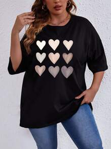 SHEIN LUNE 大碼愛心圖案落肩T恤 - 黑色 - 查看 1