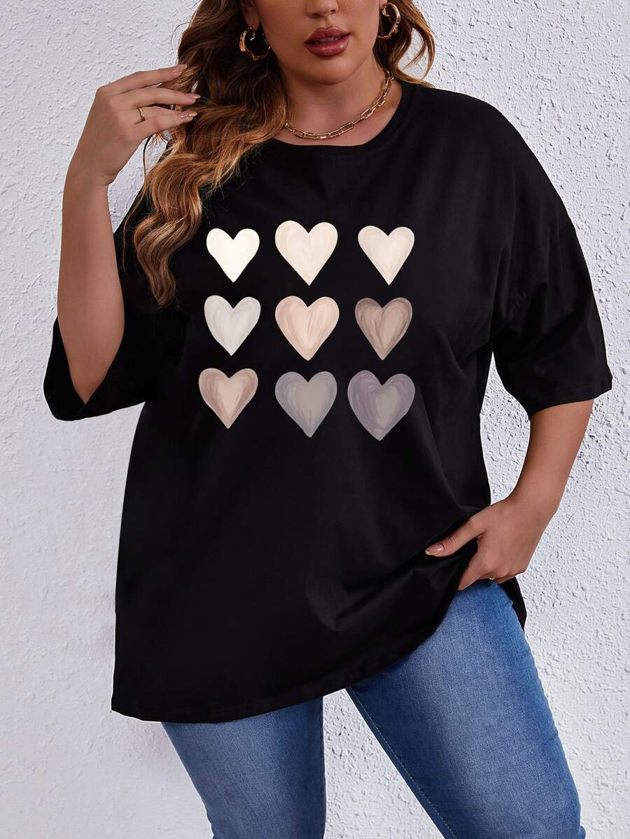 SHEIN LUNE 大碼愛心圖案落肩T恤 - 黑色 - 查看 1