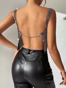 Zolique Rhinestone Detail Crop Cami Top - Silver - View 2