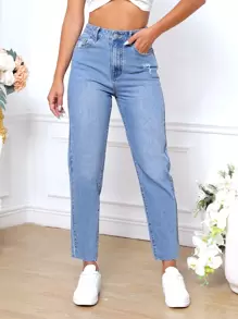 Jeans ajustados mom desgarro de talle alto - Lavado ligero - Ver 1