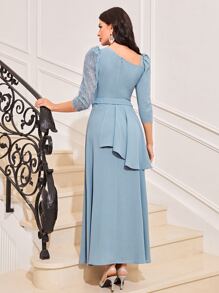 Modelyn Asymmetrical Neck Ruffle Trim Sequin Yoke Belted Dress - Blue - View 2