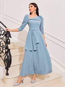 Modelyn Asymmetrical Neck Ruffle Trim Sequin Yoke Belted Dress - Blue - View 3