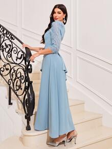 Modelyn Asymmetrical Neck Ruffle Trim Sequin Yoke Belted Dress - Blue - View 4