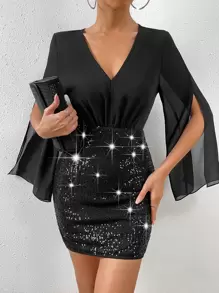 Rafferiza Split Sleeve Sequin Decor Bodycon Dress For Holiday Party Clothes - Black - View 4