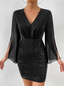 Rafferiza Split Sleeve Sequin Decor Bodycon Dress For Holiday Party Clothes - Black - View 6